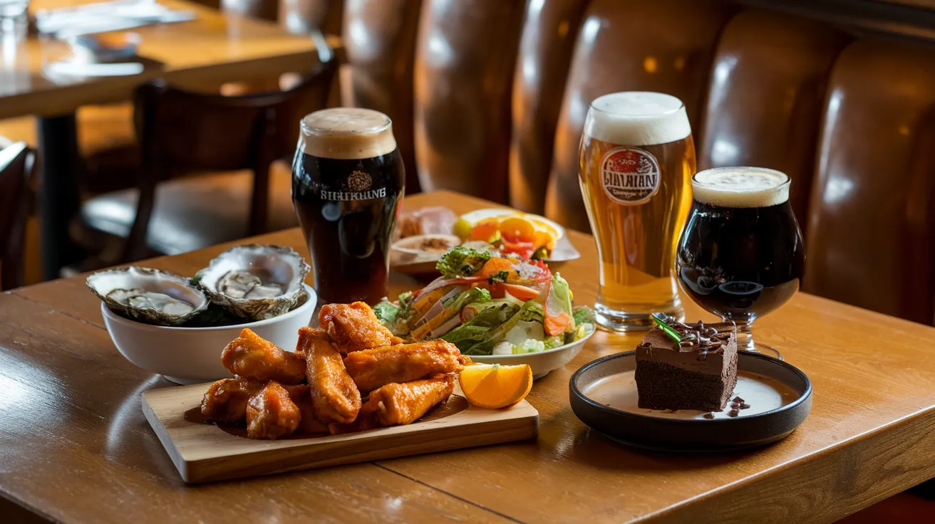 a table with several classic beer and food pairings arranged attractively - a dark stout beside oysters, a golden IPA next to spicy buffalo wings, a wheat beer with a slice of orange next to a light salad, and a robust porter beside a chocolate dessert