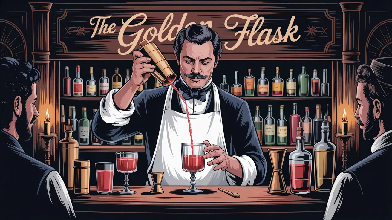Historic drawing of early 19th-century bartenders mixing drinks.