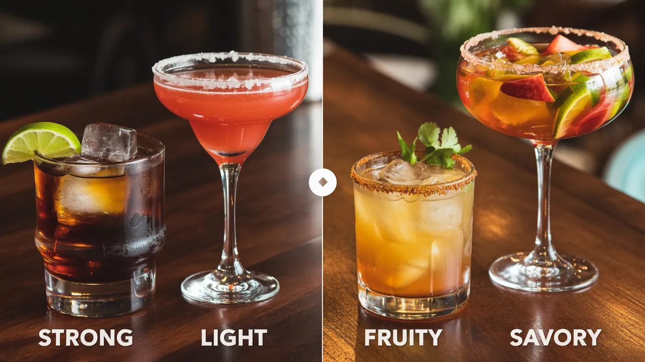 Split-screen image comparing strong, light, fruity, and savory cocktails.