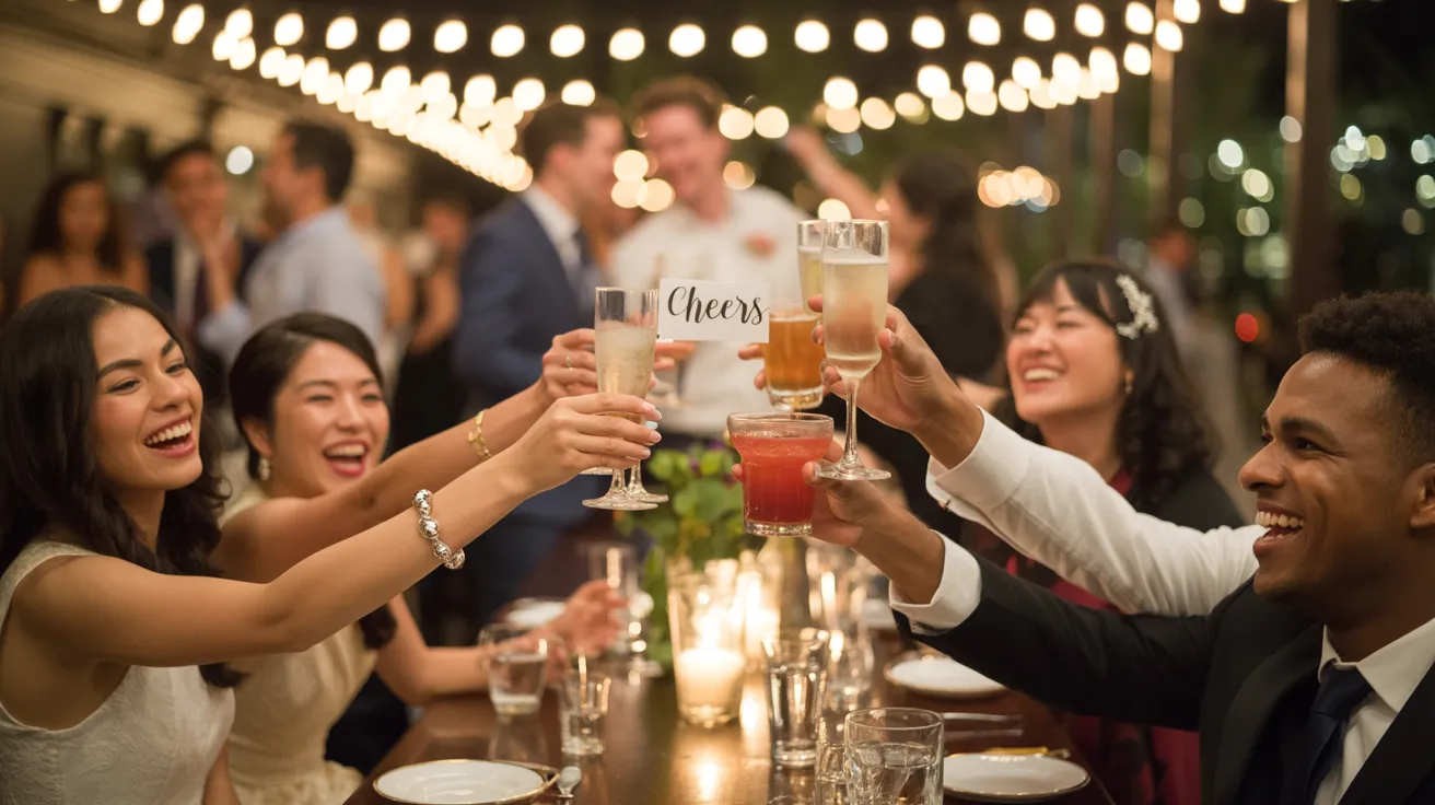 People toasting cocktails at a wedding, dinner party, and holiday celebration.