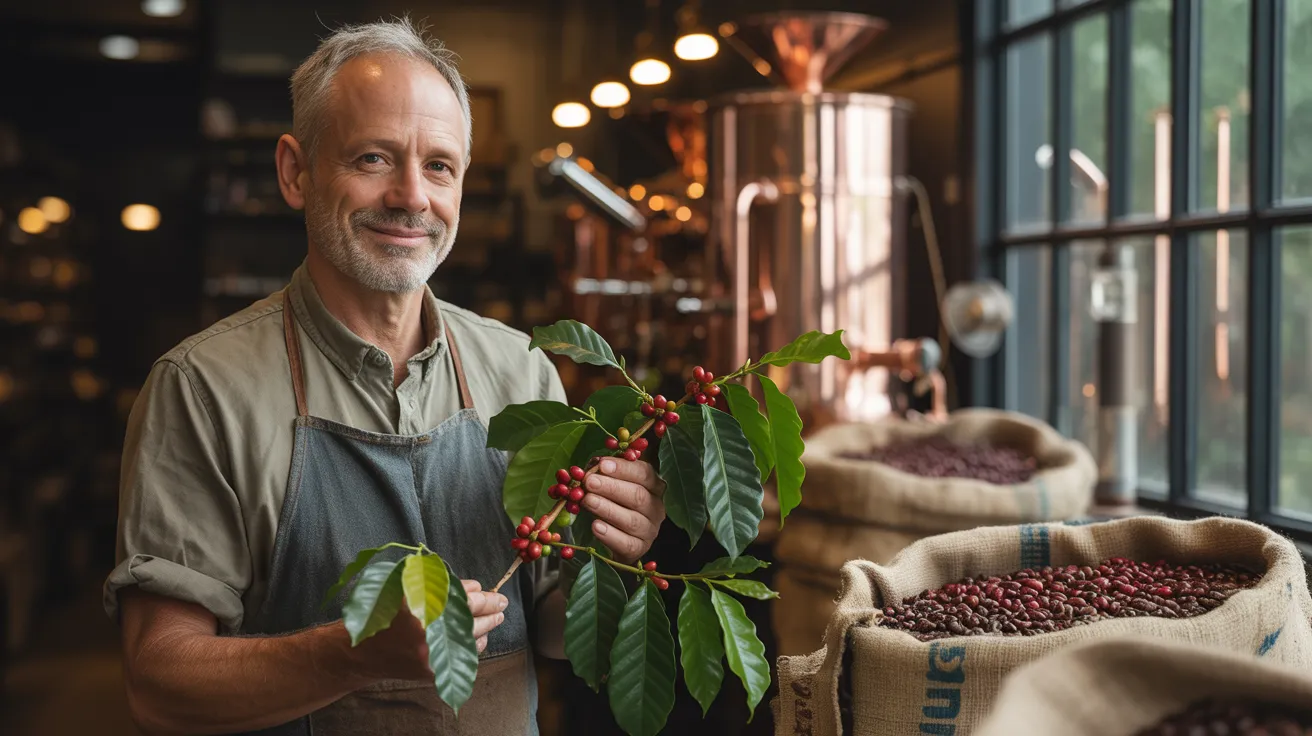 an image of a coffee expert showcasing a coffee plant with ripe beans