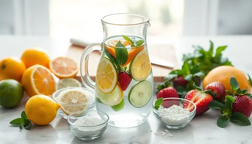 A vibrant still life arrangement showcasing the common ingredients used in natural flavoring of water.