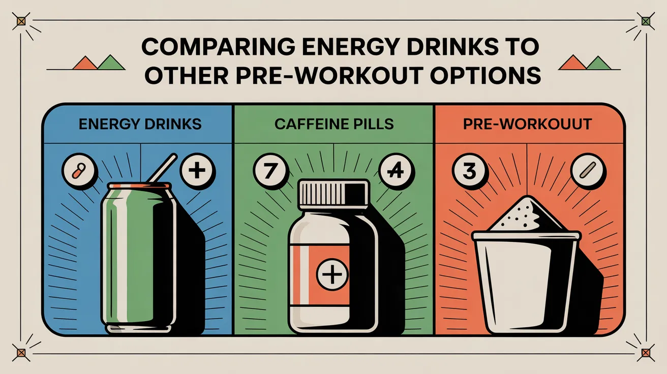 Comparison chart of energy drinks, caffeine pills, and pre-workout supplements with pros and cons.