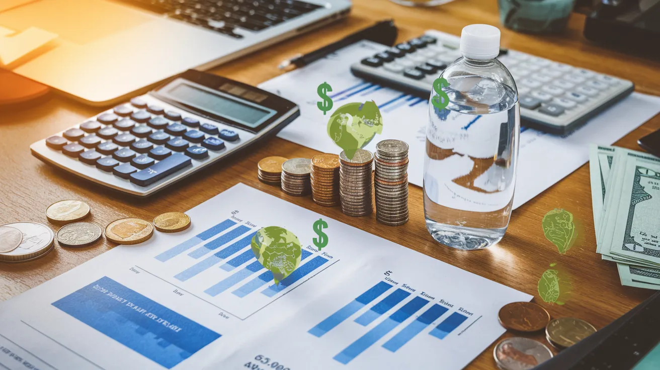 an image of financial graphs and charts showing cost comparison between bottled water and tap water, with dollar signs and environmental impact indicators, a calculator, some coins, and utility bills