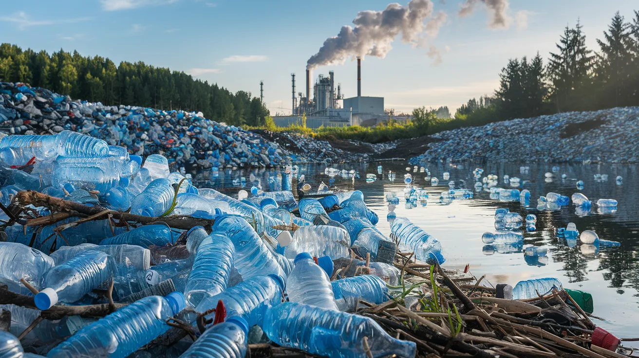 an image of plastic water bottles piled up in a landfill, with some bottles floating in a nearby body of water, showing environmental pollution