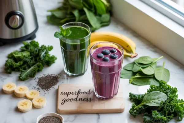 A bright, clean flat lay of two colorful smoothies—one green and one purple—surrounded by fresh kale, spinach, blueberries, bananas, chia seeds, and blender