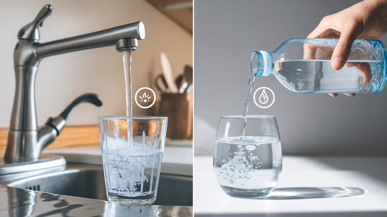 an image of a split-screen comparison showing tap water being poured into a glass from a faucet on one side and bottled water being poured into a glass on the other side