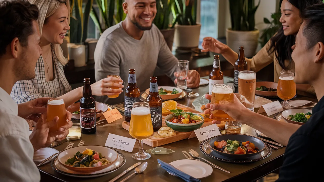 an elegantly set dining table with various craft beer bottles and glasses paired with different dishes, showing place cards with beer descriptions, warm ambient lighting, appetizing food platters, and a group of friends, gathered around the table looking engaged and celebratory.