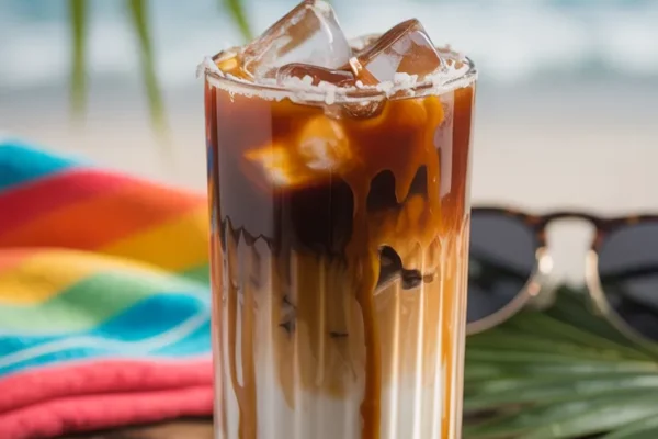 A tall glass of iced coconut caramel cold brew with a caramel drizzle down the inside of the glass, topped with ice cubes and a dusting of shredded coconut. The background features palm leaves, sunglasses, and a striped beach towel.
