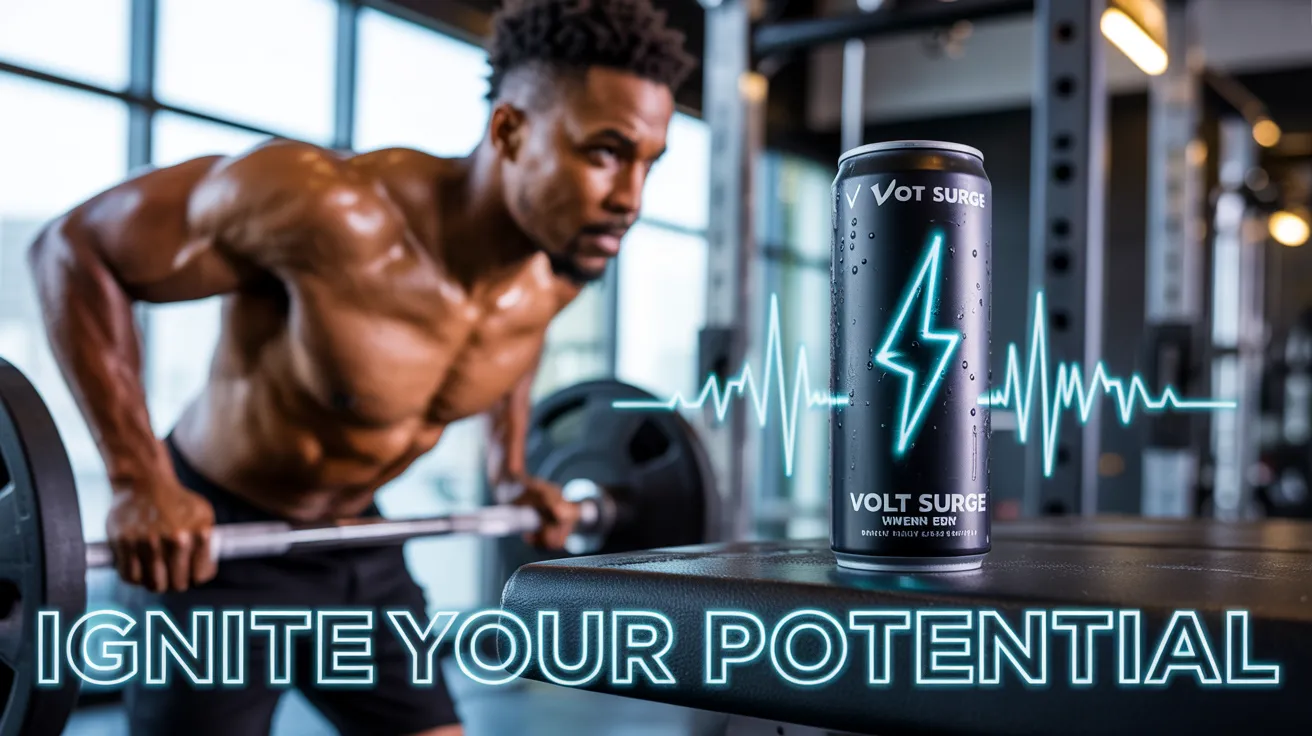 A gym setting with a person lifting weights, with a bright energy drink can beside them glowing with icons like lightning bolts and heart rate lines.