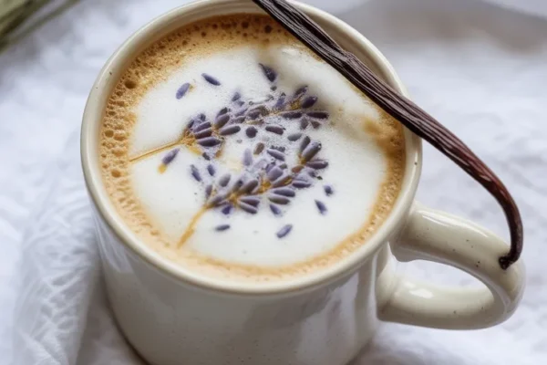 A soft pastel-toned flat-lay featuring a ceramic mug filled with a pale creamy latte, topped with frothy milk and a light sprinkle of dried lavender. Fresh lavender sprigs and a vanilla bean sit nearby on a white linen cloth, evoking a serene spring morning.