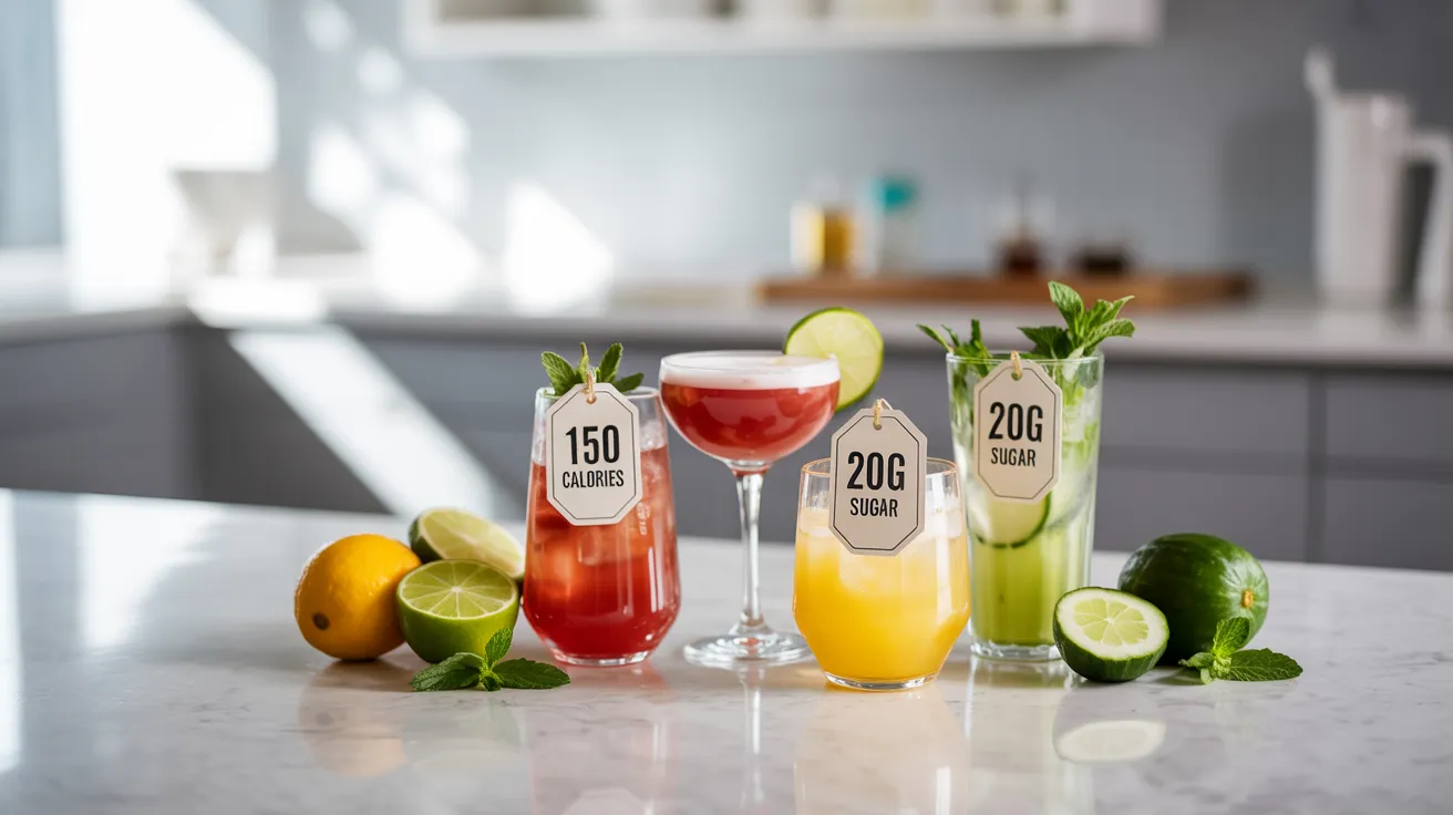 Cocktails labeled with calorie and sugar content surrounded by healthy mixer alternatives.
