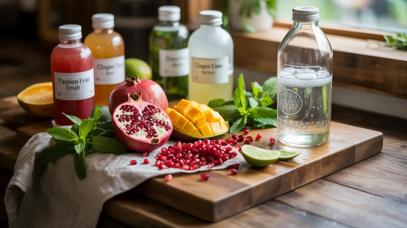 Fresh ingredients for mocktails including syrups, juices, and herbs on a prep board.