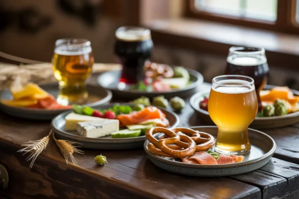 A rustic wooden table set with multiple small dishes and different beer styles—pilsner, stout, IPA, and wheat—each beside a food pairing.