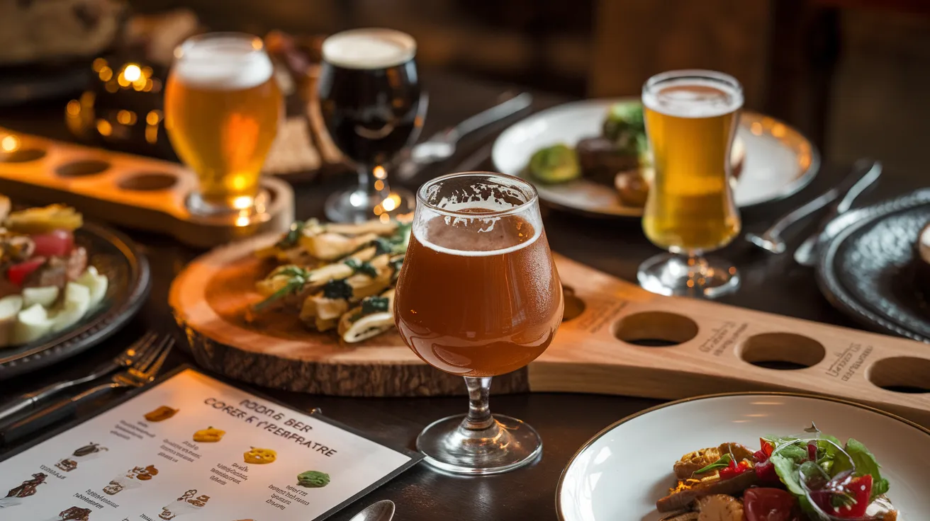 a well-set dining table with various craft beer glasses paired with different dishes, showing a wooden beer flight board with samples, a food and beer pairing chart nearby