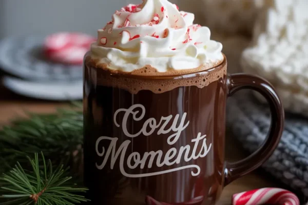 A cozy winter setup with a steaming ceramic mug of dark mocha topped with a swirl of whipped cream and crushed peppermint. The background features pine sprigs, a candy cane, and a knit scarf for warmth.