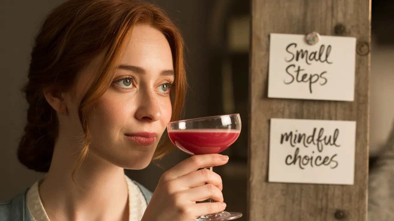Close-up of someone sipping a cocktail with a thoughtful expression and moderation tips in view.