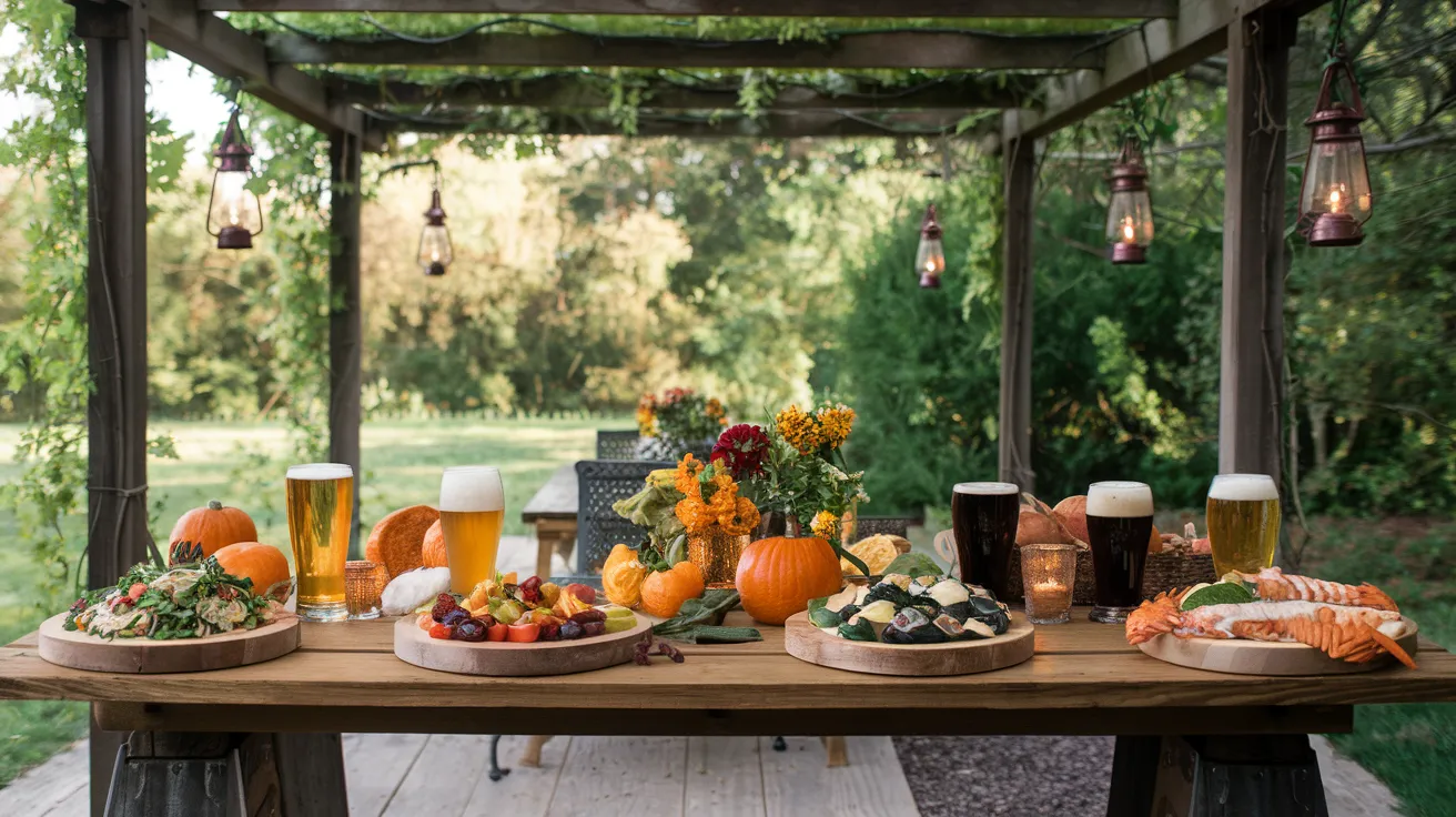 a table with four distinct beer and food pairings arranged seasonally - a summer wheat beer with a light salad, a fall pumpkin ale with roasted vegetables, a winter stout with hearty stew, and a spring IPA with fresh seafood