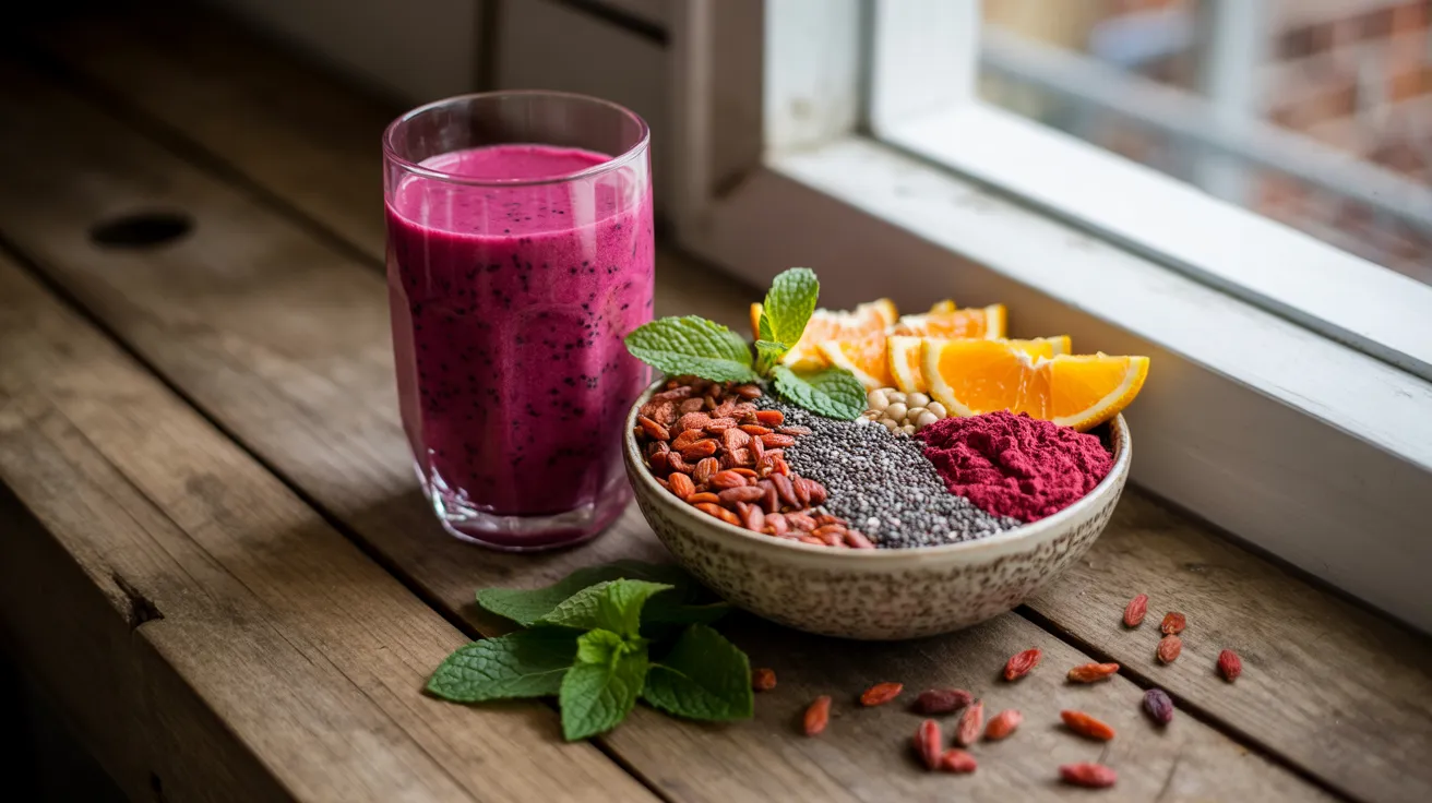 A vibrant feature image with smoothies and superfood ingredients