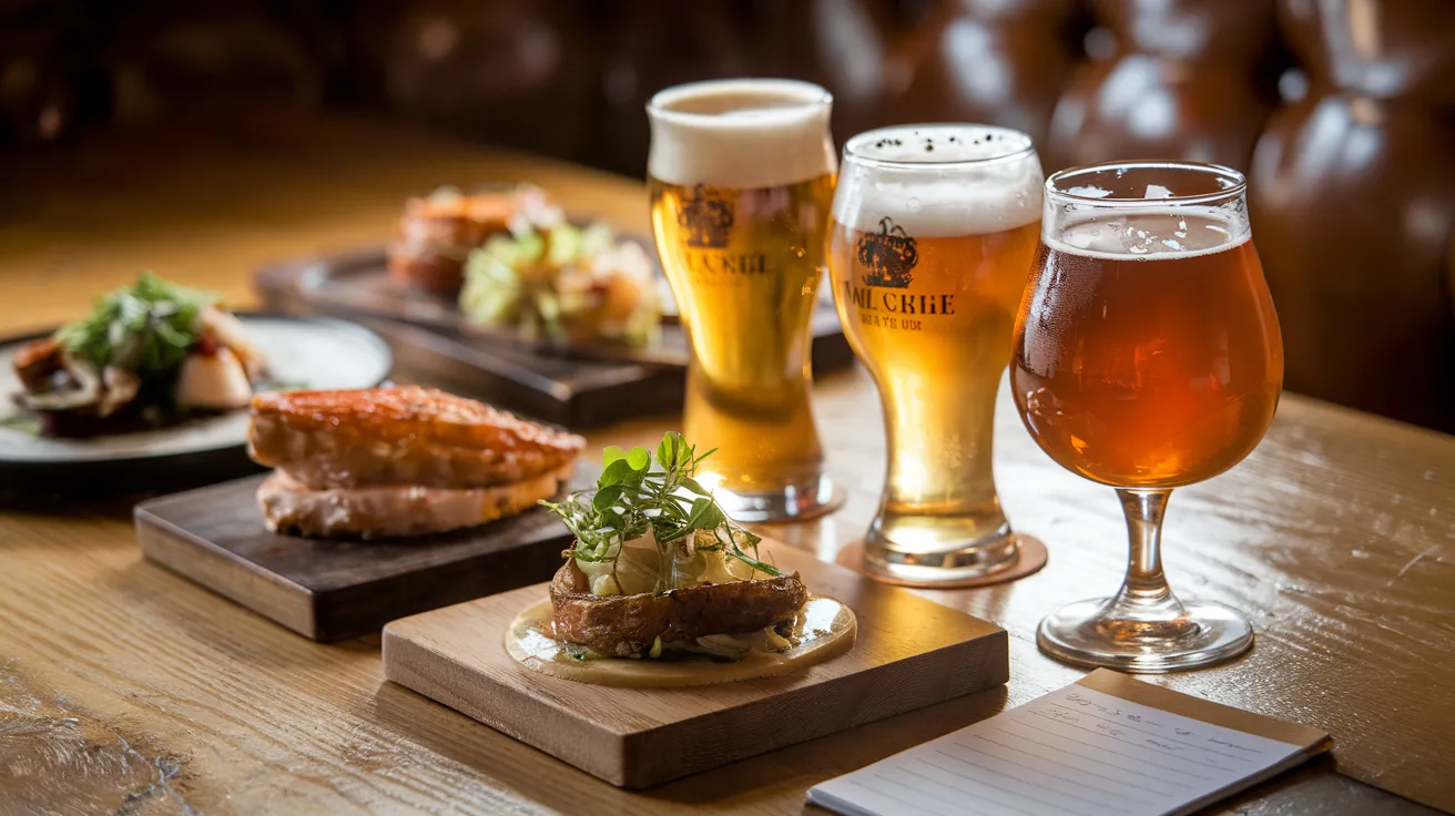 perfectly paired dishes next to beer glasses with different styles of beer, condensation on the glasses, and a small notepad with tasting notes in the corner, suggesting a thoughtful conclusion to a beer pairing experience.