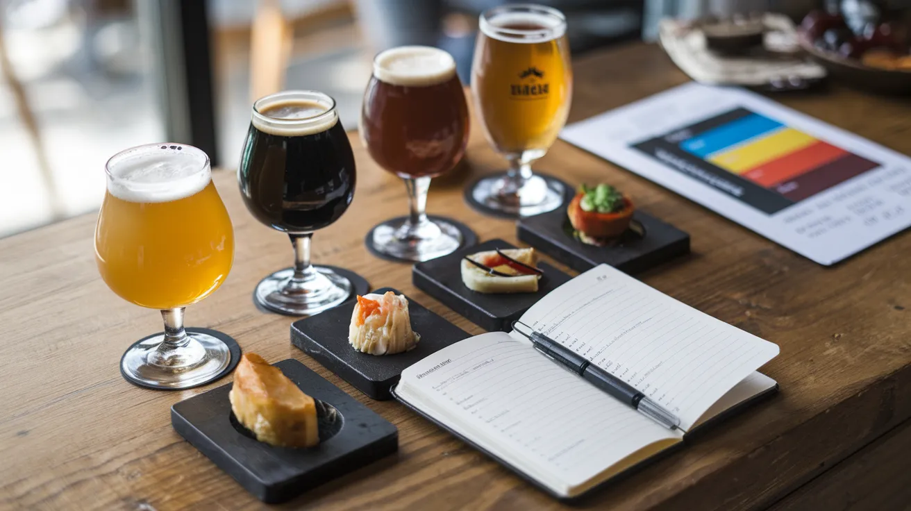 various beer glasses showcasing different beer styles (lager, stout, IPA) next to small food pairing