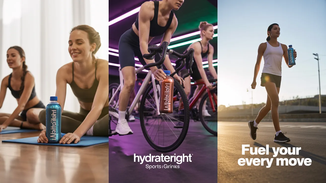 An overhead view of three fitness settings: a yoga class, a high-intensity cycling class, and a marathon.
