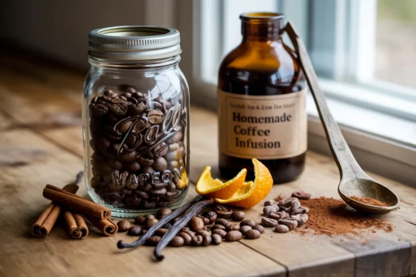 DIY flavored coffee setup with whole beans and natural flavoring ingredients like vanilla, cinnamon, and citrus.