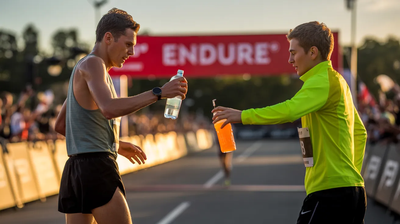 A tired runner drinking from a water bottle while another athlete reaches for a sports drink