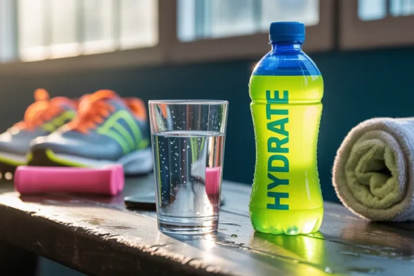 comparison of a clear glass of water and a colorful sports drink bottle on a gym bench