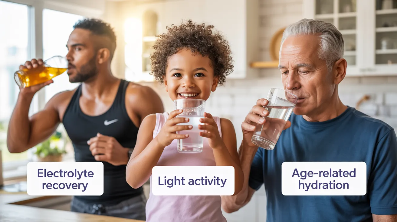 A visual collage featuring a child, an elderly person, and a professional athlete with hydration choices tailored to their needs
